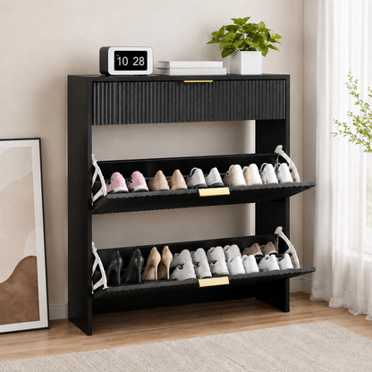 Narrow Fluted Shoe Storage Cabinet for Entryway, Freestanding Drawer Shoe Rack with Gold Pull Handles, Modern Slim Shoe Organizer Cabinet for Hallway Bedroom Closet, Black image 4