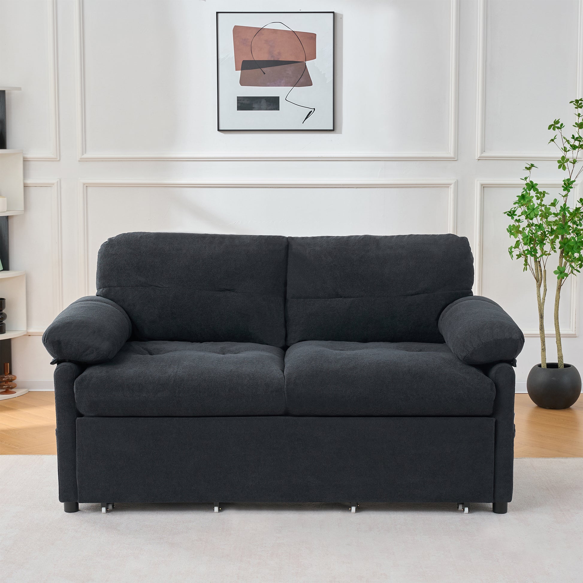 Convertible Pull Out Sofa Bed Queen Size, 3-in-1 Convertible Sleeper Couch with Thicked Cushions and Side Storage,Multi-Functional chenille Loveseat Sofa for Living Room,Bedroom,Apartment,Office,Black image 4