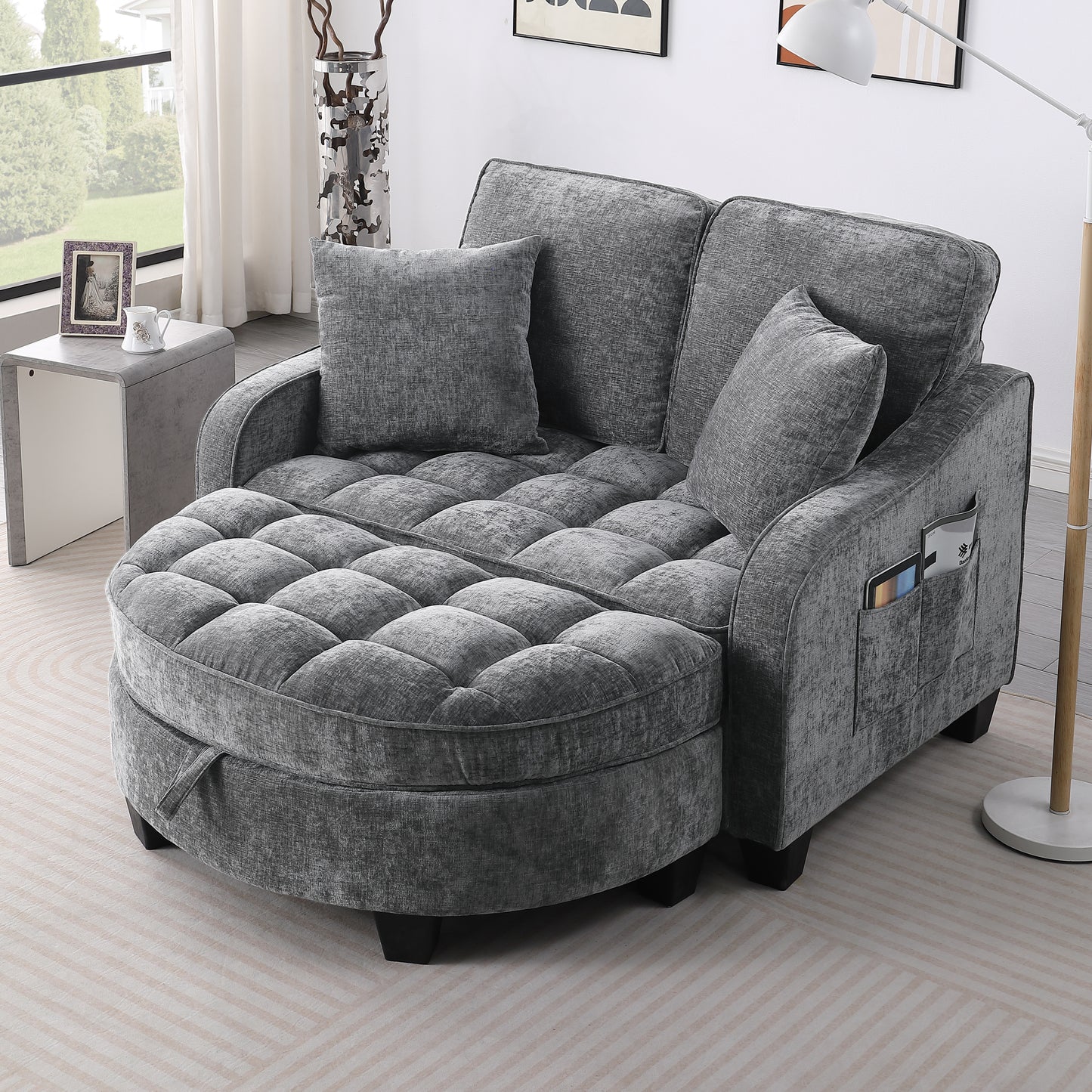 Two-seater sofa, double sofa chaise longue, with irregular armrests and backrests, footrest with storage space, comes with two small throw pillows, suitable for living room and bedroom - Grey image 1