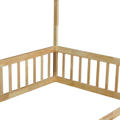 Twin Size Canopy Frame Floor Bed with Fence,Guardrails,Natural (Old Sku:W504P143279) image 4