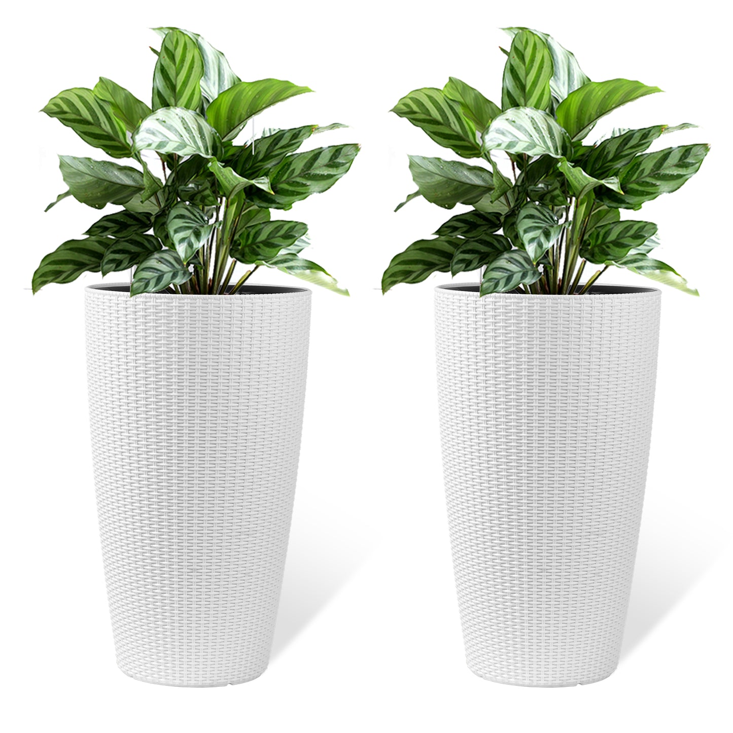 Set of 2 Faux Rattan Tall Planters Outdoor Indoor Large Planters with Water Level Monitor Inner Bucket, Automatic Watering, Flower Plant Pots for Garden, Patio, Porch, Backyard (White, 22 inch) image 1