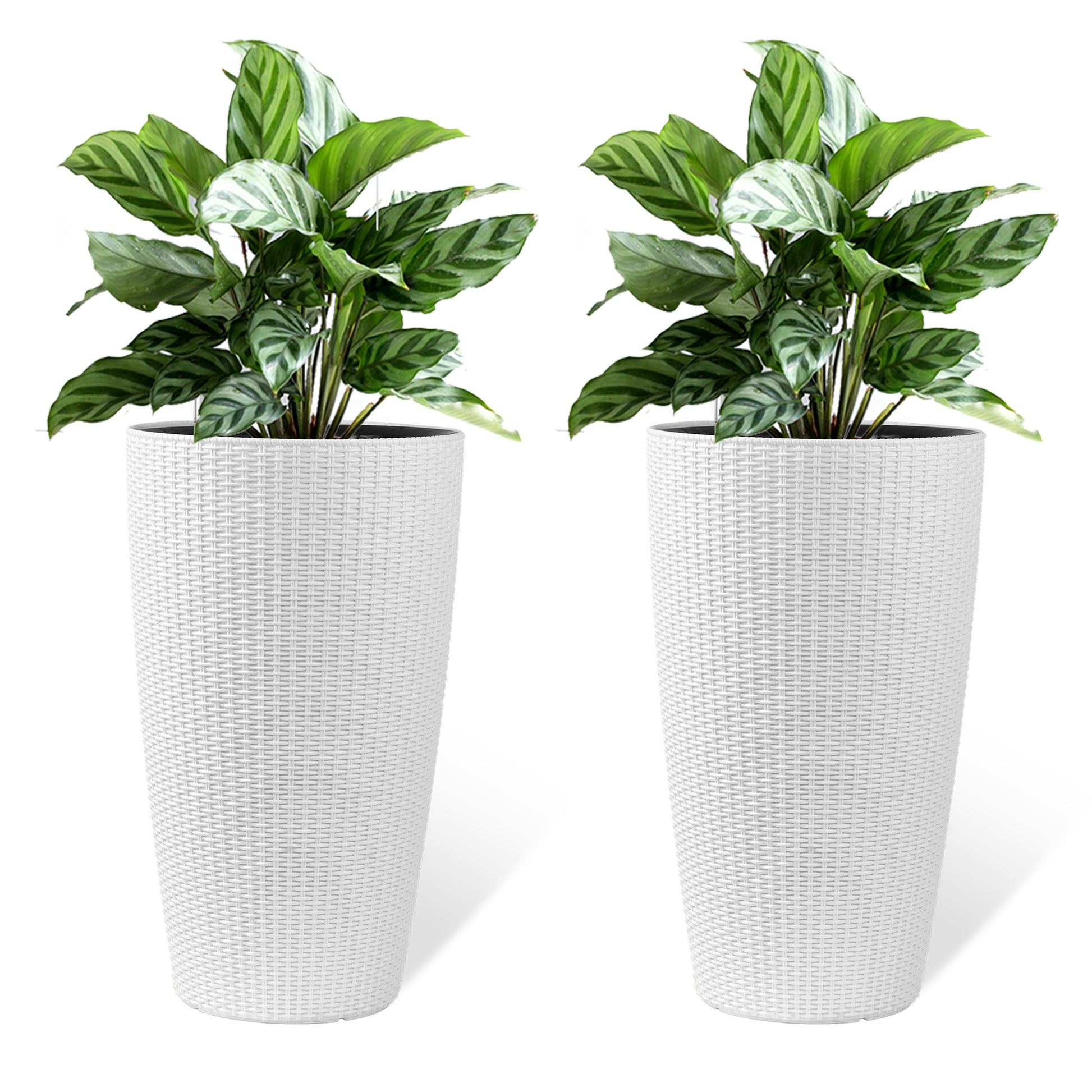 Set of 2 Faux Rattan Tall Planters Outdoor Indoor Large Planters with Water Level Monitor Inner Bucket, Automatic Watering, Flower Plant Pots for Garden, Patio, Porch, Backyard (White, 22 inch) image 1