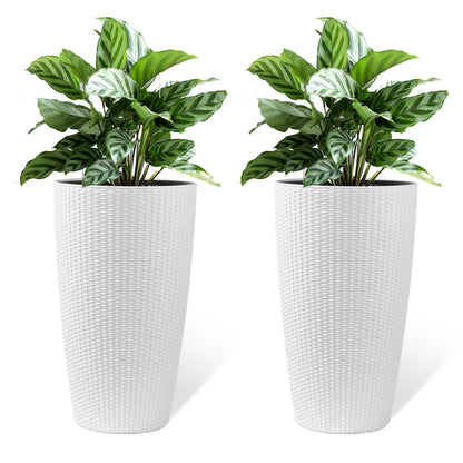 Set of 2 Faux Rattan Tall Planters Outdoor Indoor Large Planters with Water Level Monitor Inner Bucket, Automatic Watering, Flower Plant Pots for Garden, Patio, Porch, Backyard (White, 22 inch) image 1