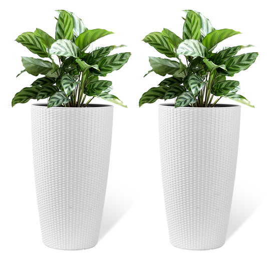 Set of 2 white faux rattan tall planters with automatic watering system on patio