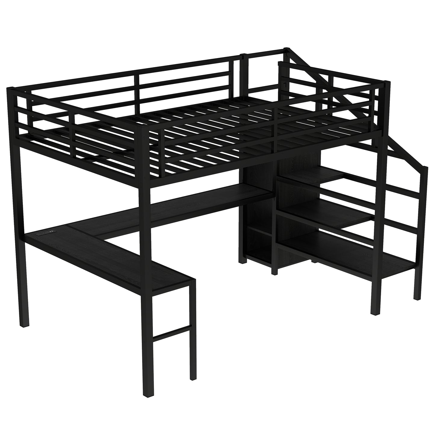 Queen Size Loft Bed with L-shaped Desk and USB, Metal Loft Bed with Wardrobe and Adjustable Shelf, High Loft Bed with LED for Kids Teens Adults, Black image 7
