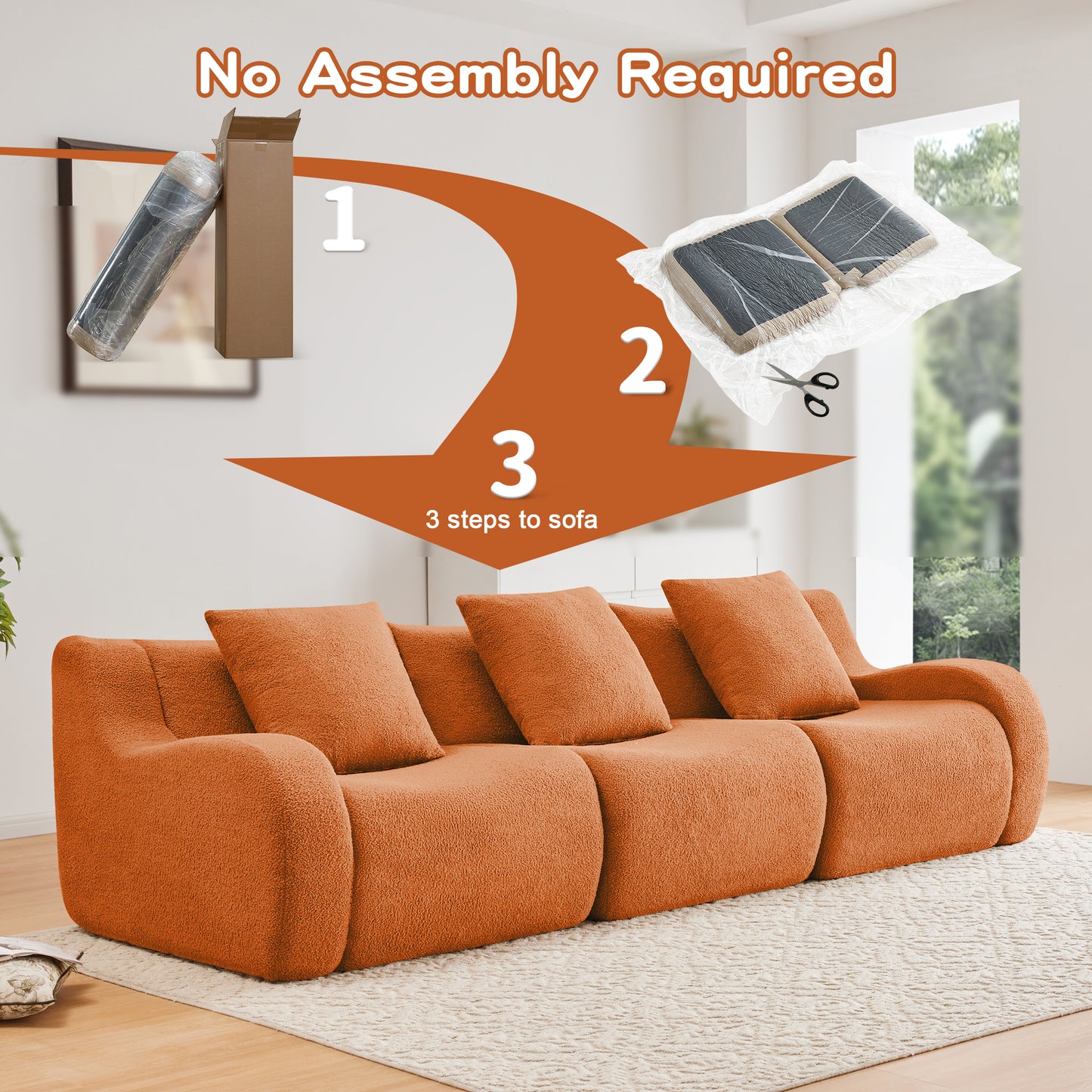 Boneless Sofa,3 Seat High-Quality Teddy Fabric,Anti-Slip Design,No Assembly Curved Armrests Streamlined,32D High Density Sponge For Living Rooms Bedrooms Reading Nook,Orange image 12