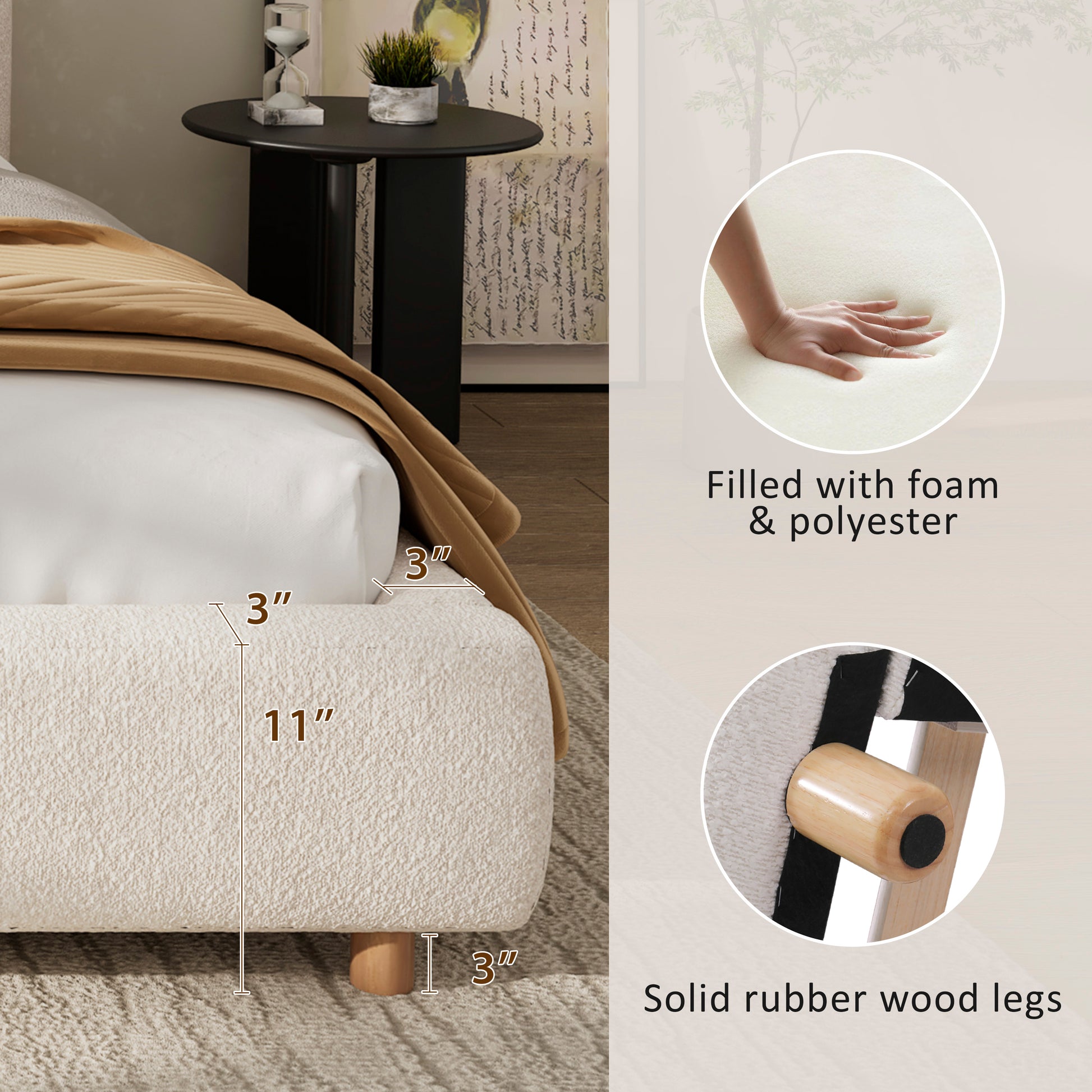 California King Size Upholstered Bed With Boucle Fabric,Curved-Shape Design Thick Headboard, Solid Wood Legs,White image 5