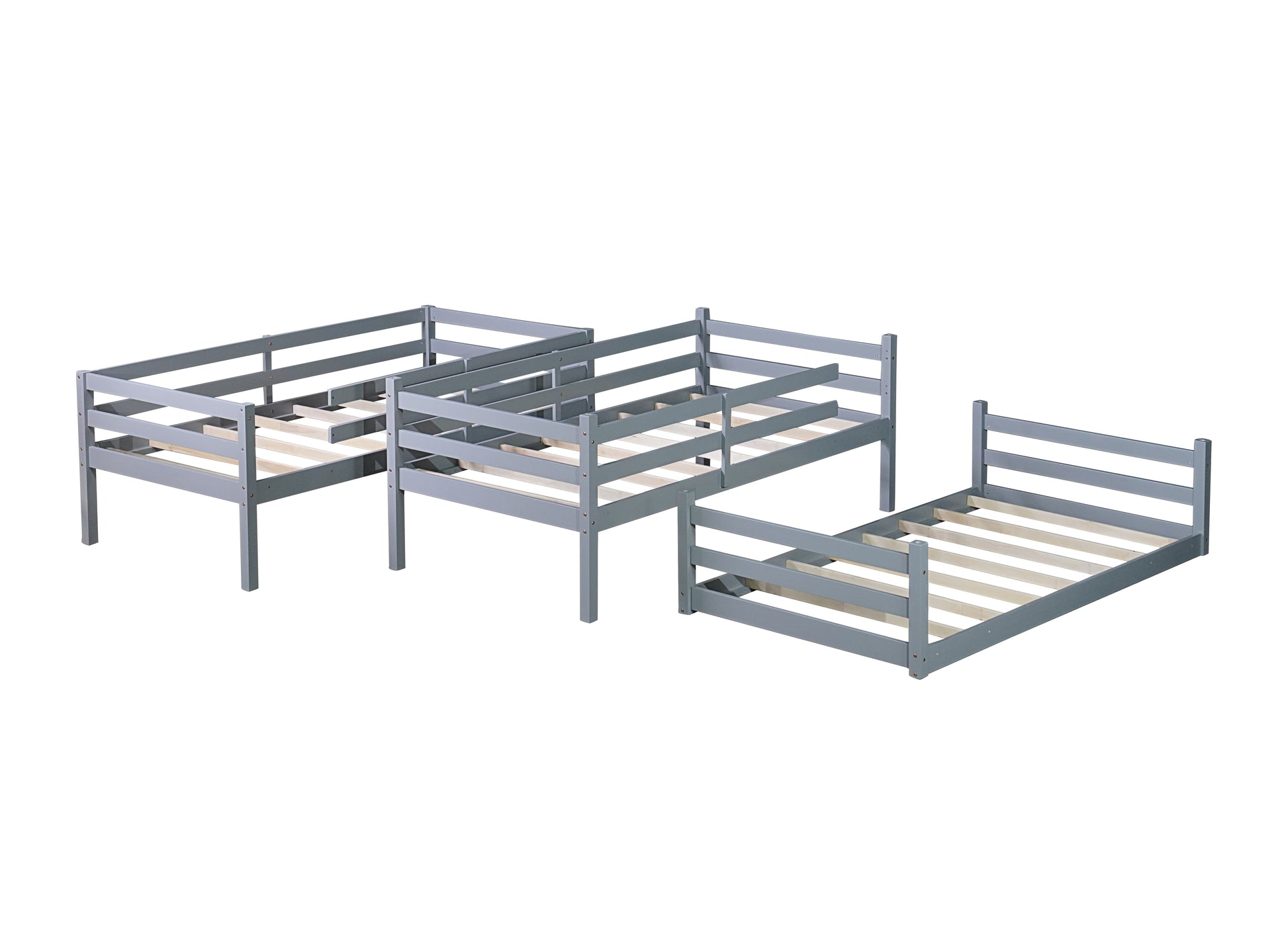 Triple Rubber Wood Bunk Bed with Two Built-in Ladders, Guardrails, Twin over Twin over Twin, Detachable Triple Twin Bunk Bed,Grey image 4