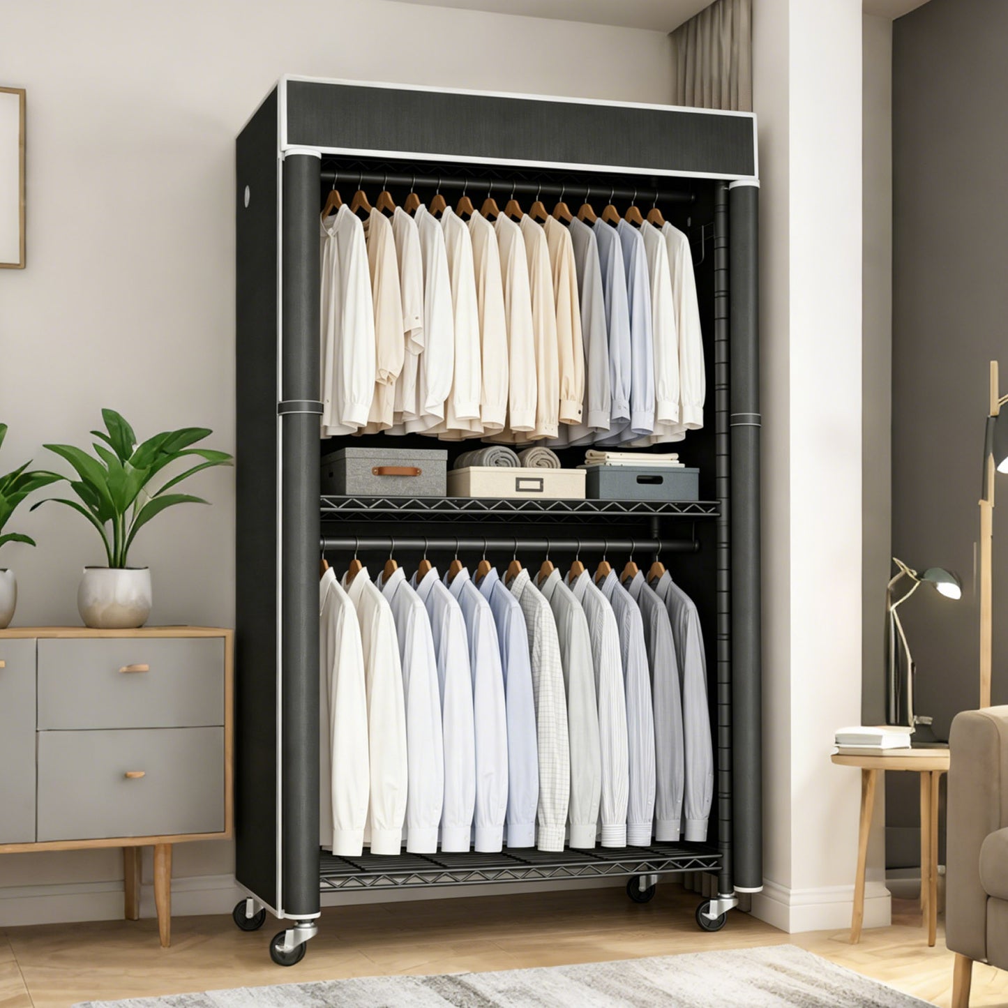 Freestanding Garment Rack with Dust Cover, Single Hanging Rod Metal Clothes Closet with Storage Shelf, Side Hooks & Rolling Wheels, Portable Clothing Wardrobe Organizer for Bedroom Storage image 6