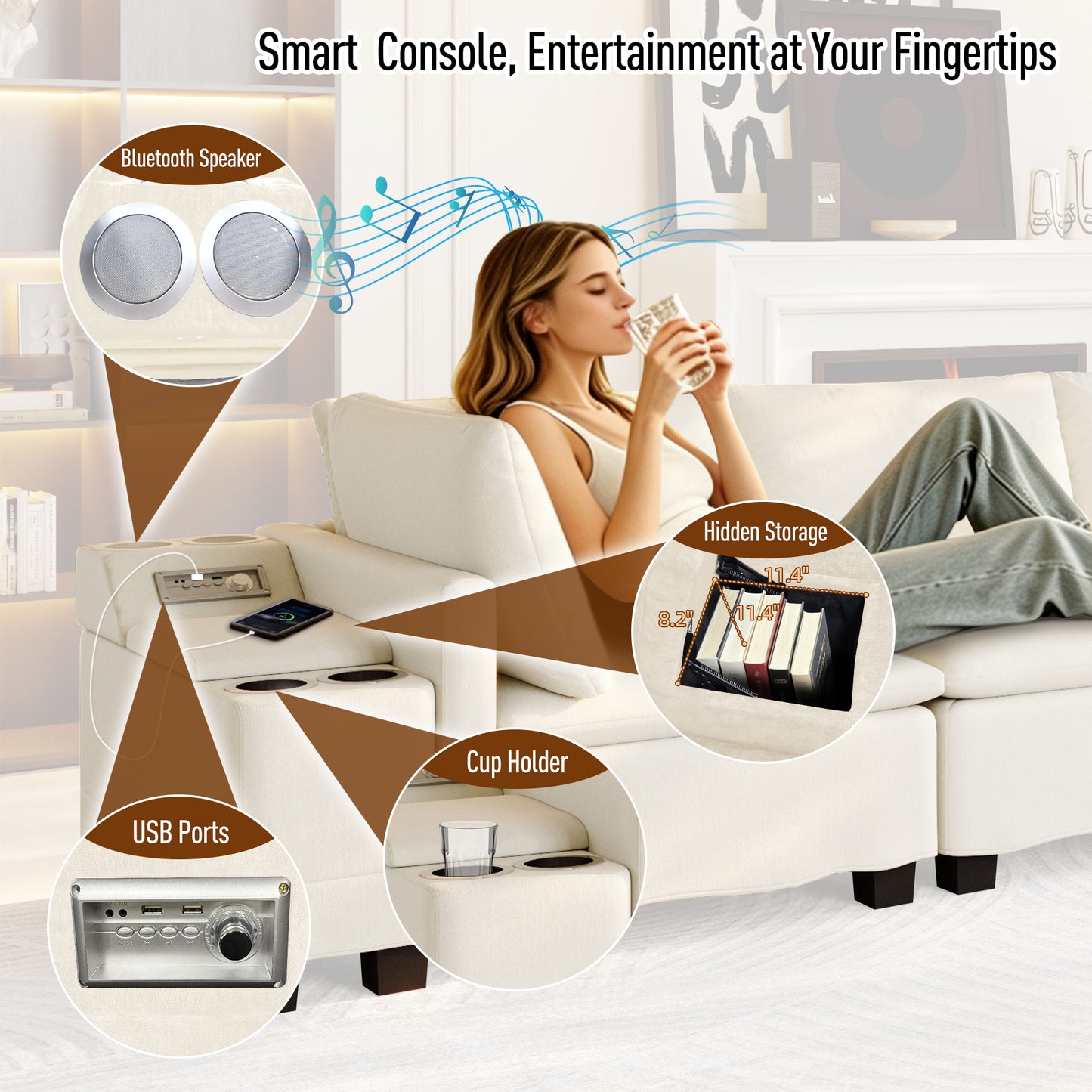 121.2" Modular U-Shaped Cloud Sectional Sofa with Movable Ottoman, Chenille Convertible Sofa Bed with Hidden Storage&USB Ports&Cup Holders&Bluetooth Speaker for Living Room, Apartments, Beige/White image 9