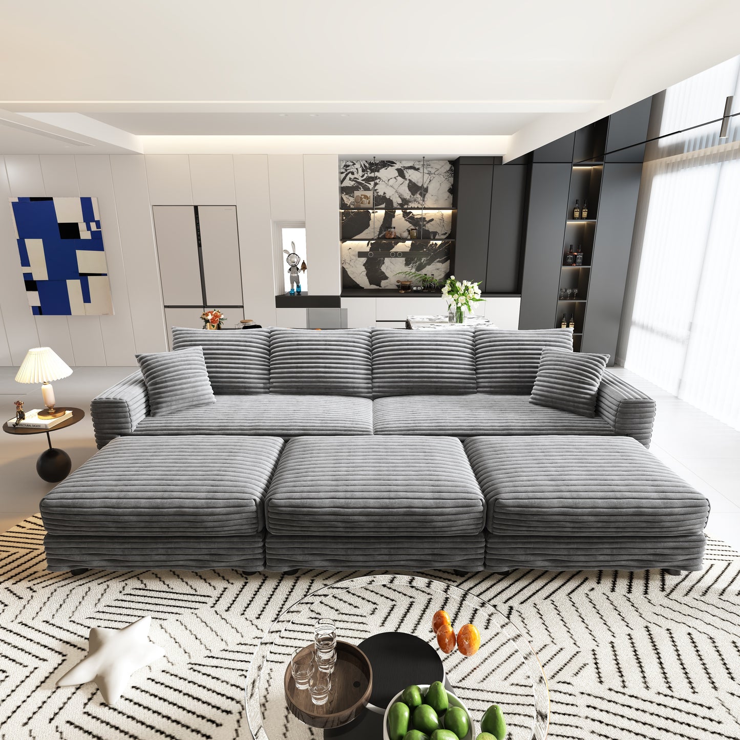 102.4 "Plush Corduroy 4-Seat Sofa,Modern Comfy Upholstered Sofa Cloud Couch,Deep Seat Couches with Soft Pillows and 3 Ottomans,Convertible Sofa Lounge Chair,Grey(Old SKU:W1885S00284) image 2