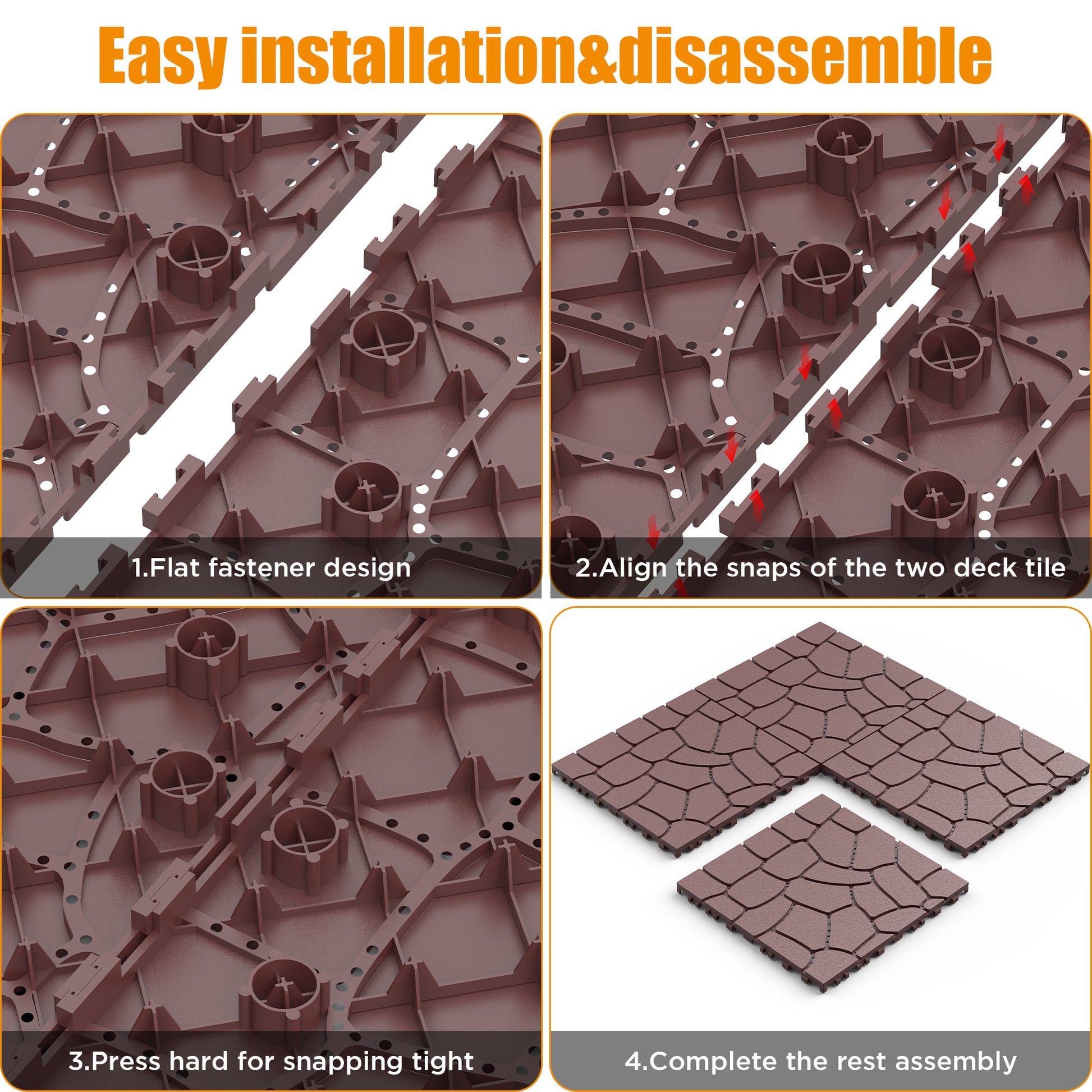 New Stone texture 12" Patio Deck Tiles, DIY Module Interlocking Decking Tiles Floor Tile,Easy and Quick Installation Court Tiles for Porch Poolside Balcony Backyard 44pcs, Brown image 4