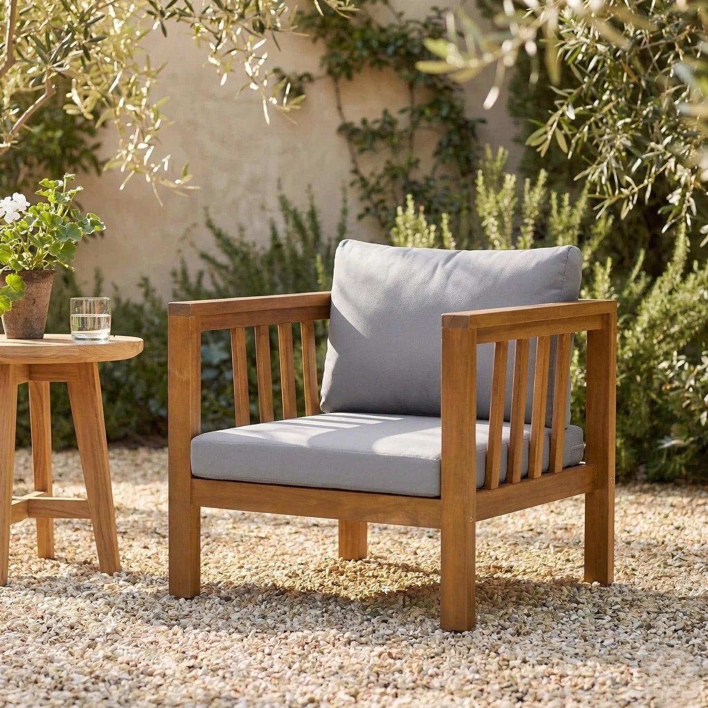 Outdoor Acacia Wood Club Chair with Modern Square Arms, Patio Chair with Thick Cushion, Adjustable Leveling Feet for Poolside, Backyard & Deck, Grey Cushion image 1