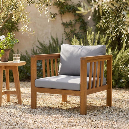 Outdoor Acacia Wood Club Chair with Modern Square Arms, Patio Chair with Thick Cushion, Adjustable Leveling Feet for Poolside, Backyard & Deck, Grey Cushion image 1