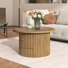 Round Coffee Table for Living Room in Natural, Farmhouse Coffee Table with a Drawer,  Center Table with Vertical Slat Base in 30.5"