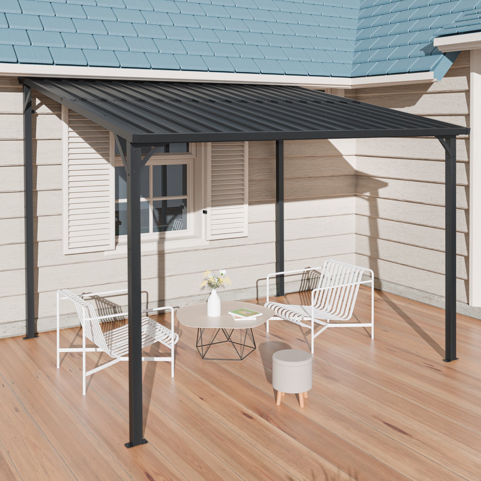 Outdoor Pergola 8' x 10' Metal Inclined Roof Pergolas Waterproof Wall-mounted iron sheet shed Gazebo for Patio,Garden,Yard image 2