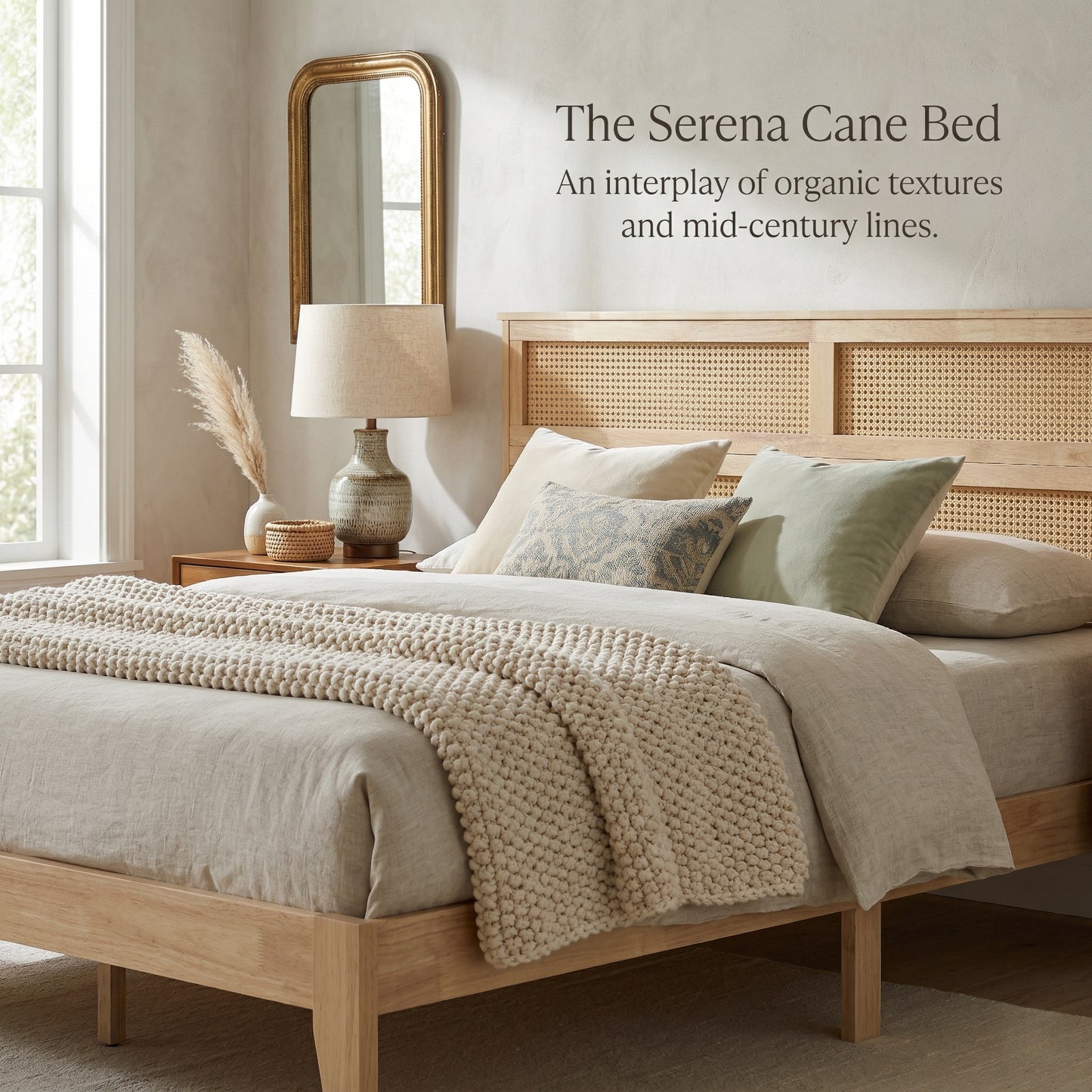 King Size Solid Wood Bed with Rattan Headboard, Rubber Wood Bed with Central Support Beams and Enhanced Feet,Natural image 12
