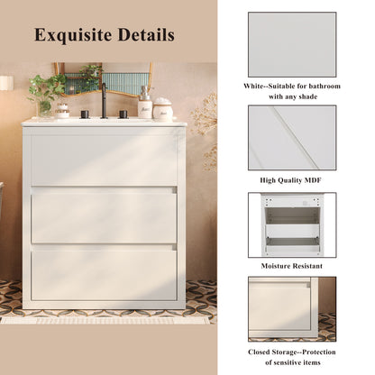 60" Double Sinks Bathroom Vanity Set, Bathroom Cabinet with Two Separate Ceramic Sinks, Full-Extension Drawers & Soft Close Undermount Drawer Slides, White image 7