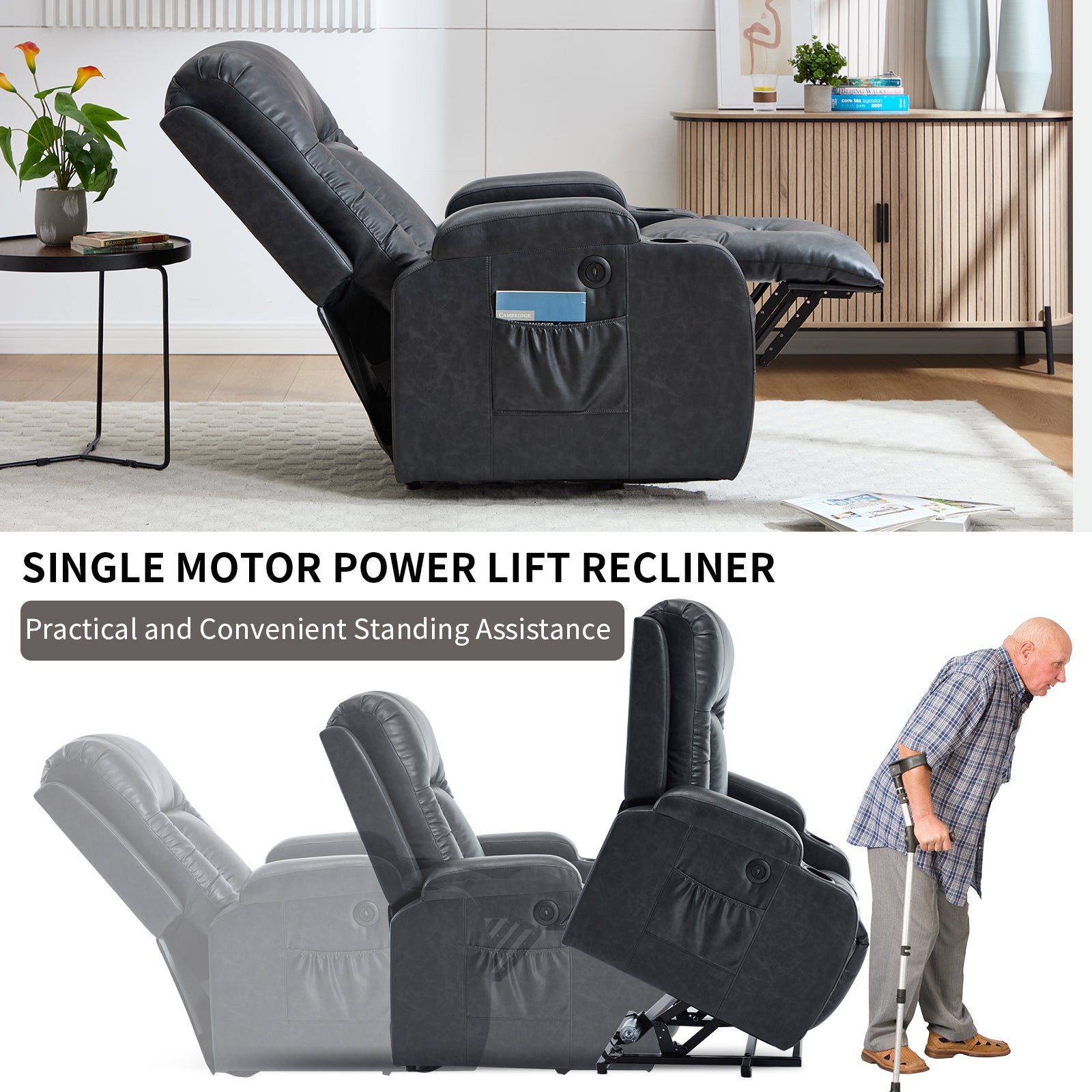 Dark Grey PU lInfinite Position Up to 350 LBS Power Lift Recliner Chair for Elderly, Heavy Duty Motion Mechanism with 8-Point Vibration Massage and Lumbar Heating, USB Charging Port, Cup Holders image 4