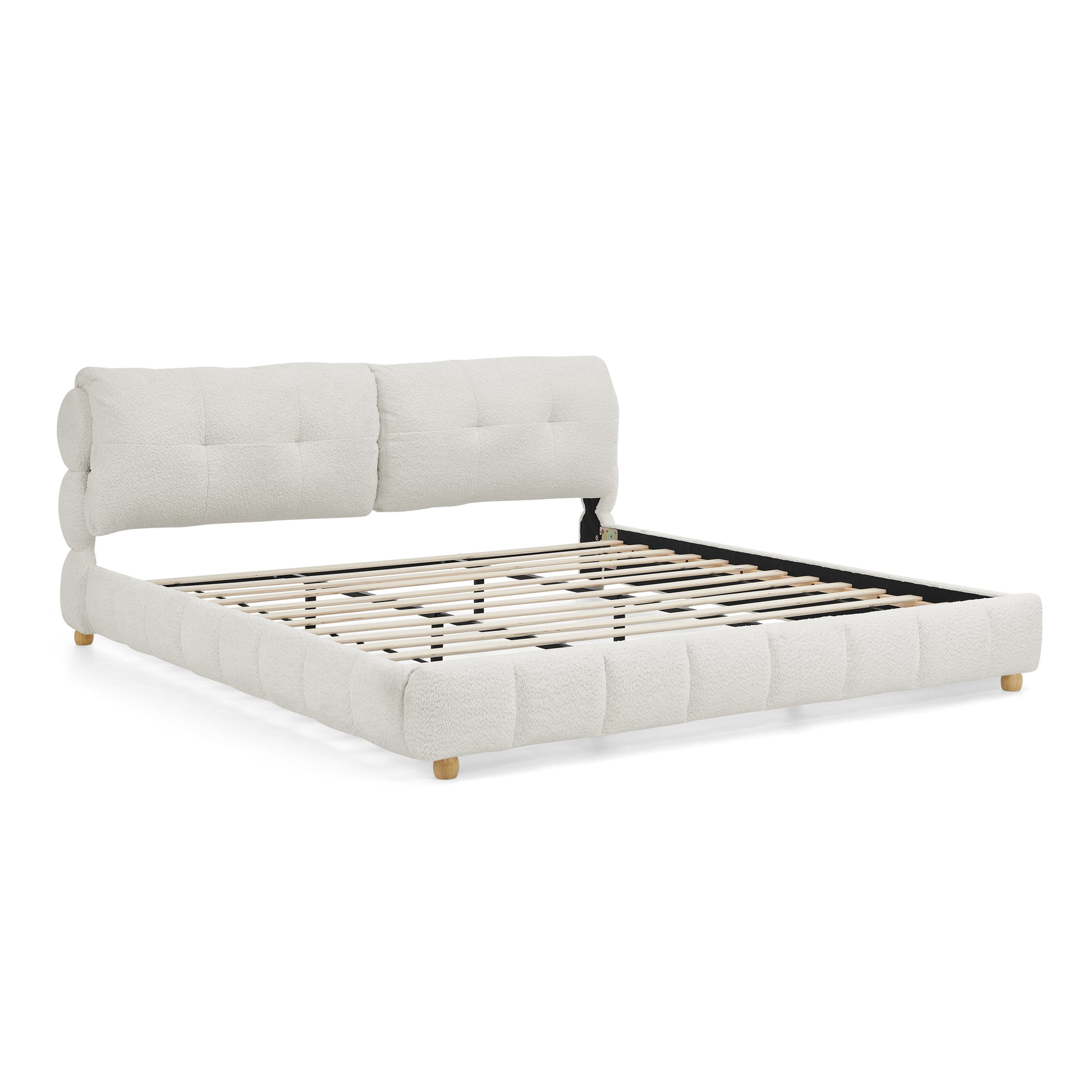King Cream Style Bouclé Fabric Platform Bed, Soft Cloud-Like Upholstered Frame with Solid Wood Legs, No Box Spring Needed image 6