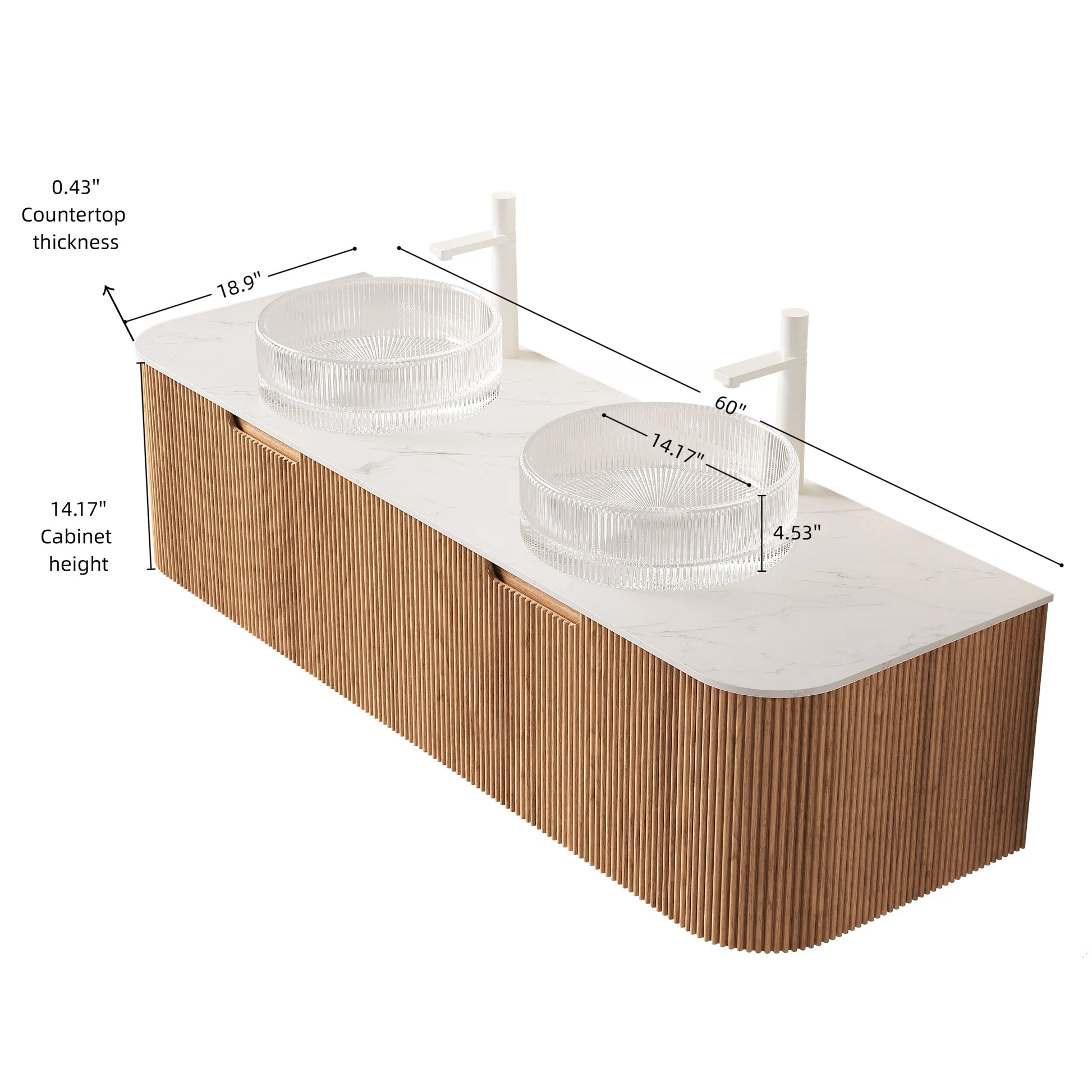 DINA 60" Bathroom Vanity&Sinks, Floating Curved Edges Striped Storage Cabinet with 2 Drawers, 2 Transparent Round Glass Basins&Carrara White Sintered Stone Top, Pre-assembled, Natural Woodgrain Color image 5