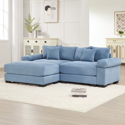 82.6" Oversized Cloud Modular L-Shape Sectional Couch,Soft Corduroy Fabric, With An Ottoman,Deep Seat Wide Armrests, Ergonomic Design,6 Throw Pillows, Easy Assembly,For Living Rooms, Lounges,Blue image 2