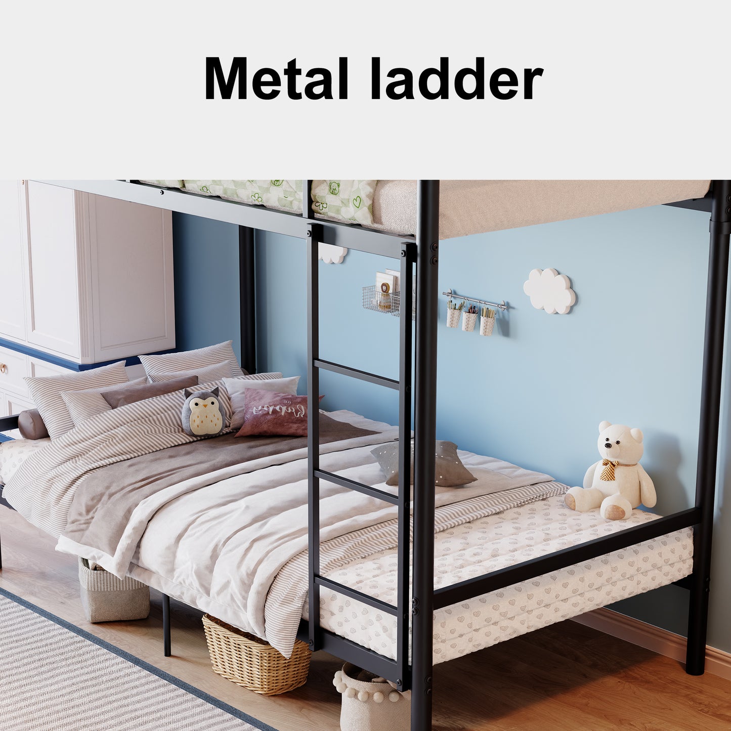 Bunk Bed with Ladder and high Guardrail, Metal Bunk Bed, Storage Space, Noise Free,Twin Over Twin Size,Black image 10