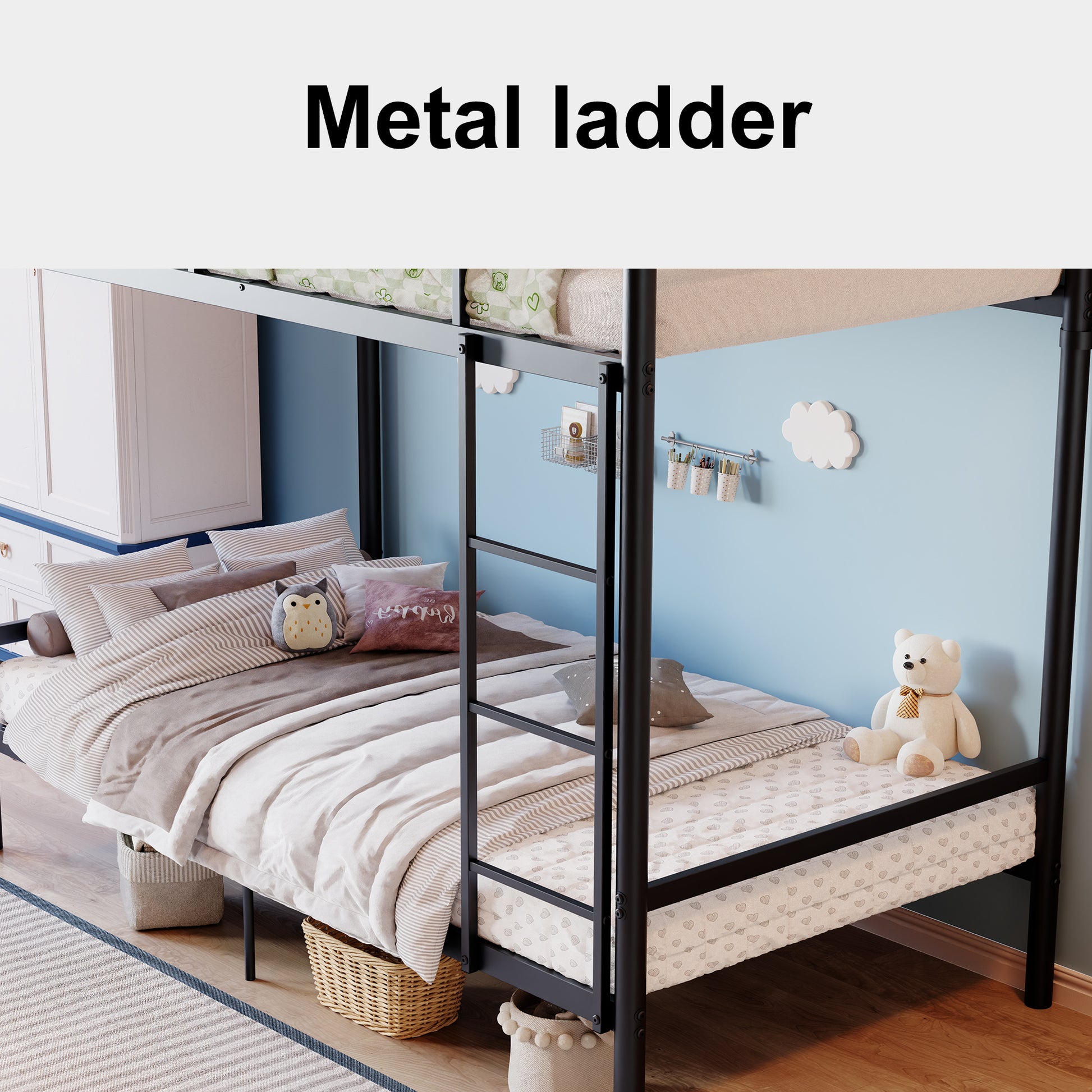 Bunk Bed with Ladder and high Guardrail, Metal Bunk Bed, Storage Space, Noise Free,Twin Over Twin Size,Black image 10