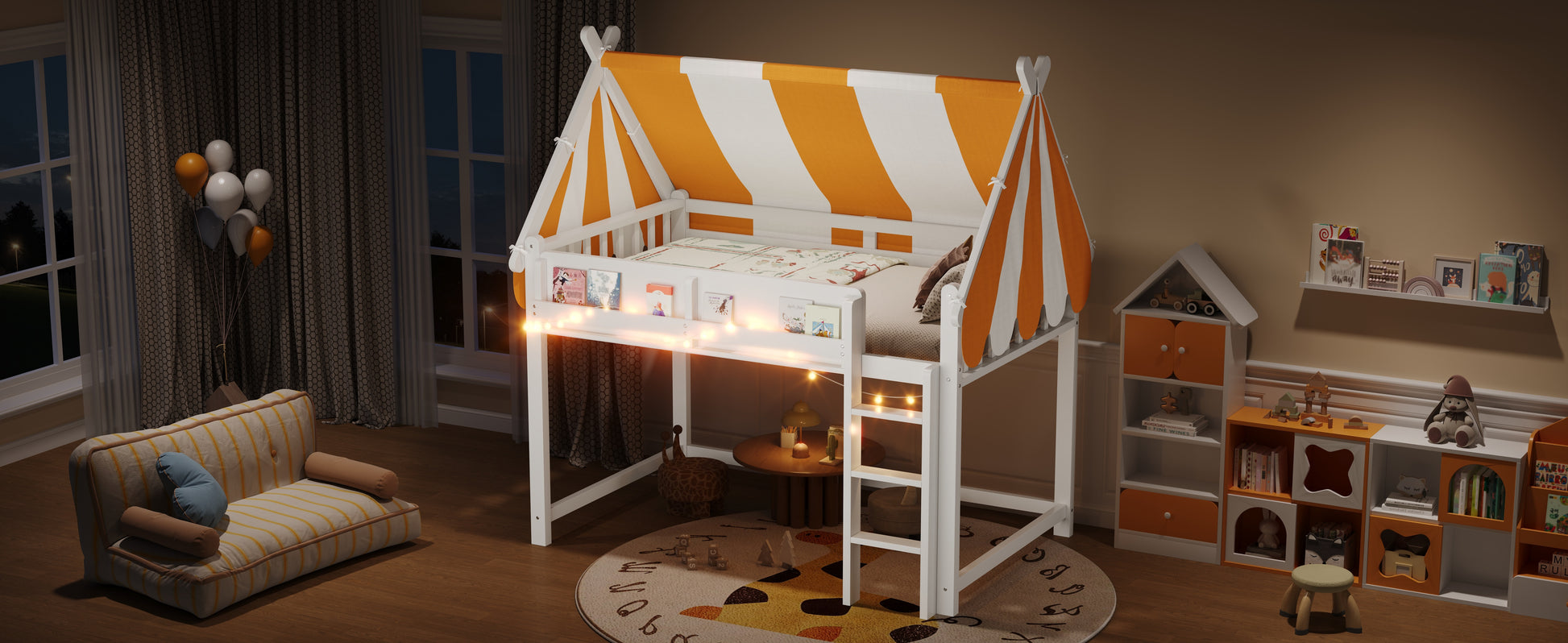 Full Size Loft Bed with Canopy, LED Lights & Book Shelf, White image 8