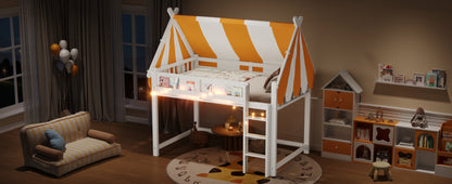 Full Size Loft Bed with Canopy, LED Lights & Book Shelf, White image 8