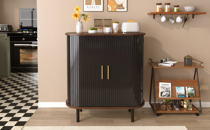 28" Fluted Wine Bar Cabinet with 8-Grid Wine Rack, 5-Level Adjustable Shelves, 2 Glass Holders, Smoothly Sliding Tambour Doors, 4 Hidden Storage Space on the Side, Modern Liquor Coffee Station, Black image 8