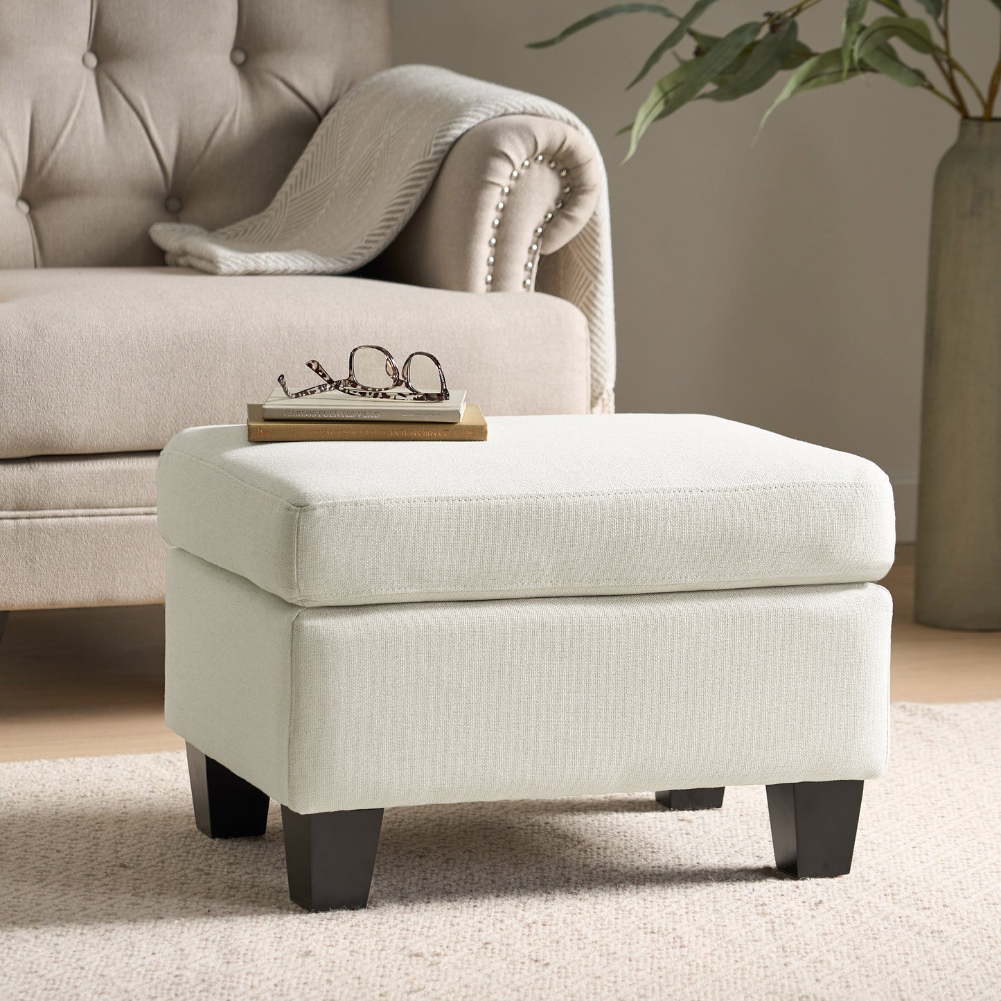 Upholstered Ottoman, Beige image 2
