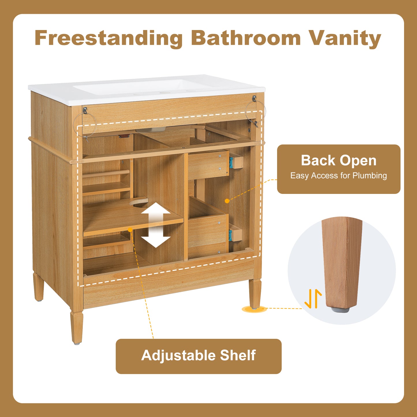 30" Bathroom Vanity with Sink, Wood Vanity Cabinet with Flip-Out Drawer, 2 Soft-Close Drawers, 1 Soft-Close Door, Solid Wood & MDF, Elegant Wood Handles image 6