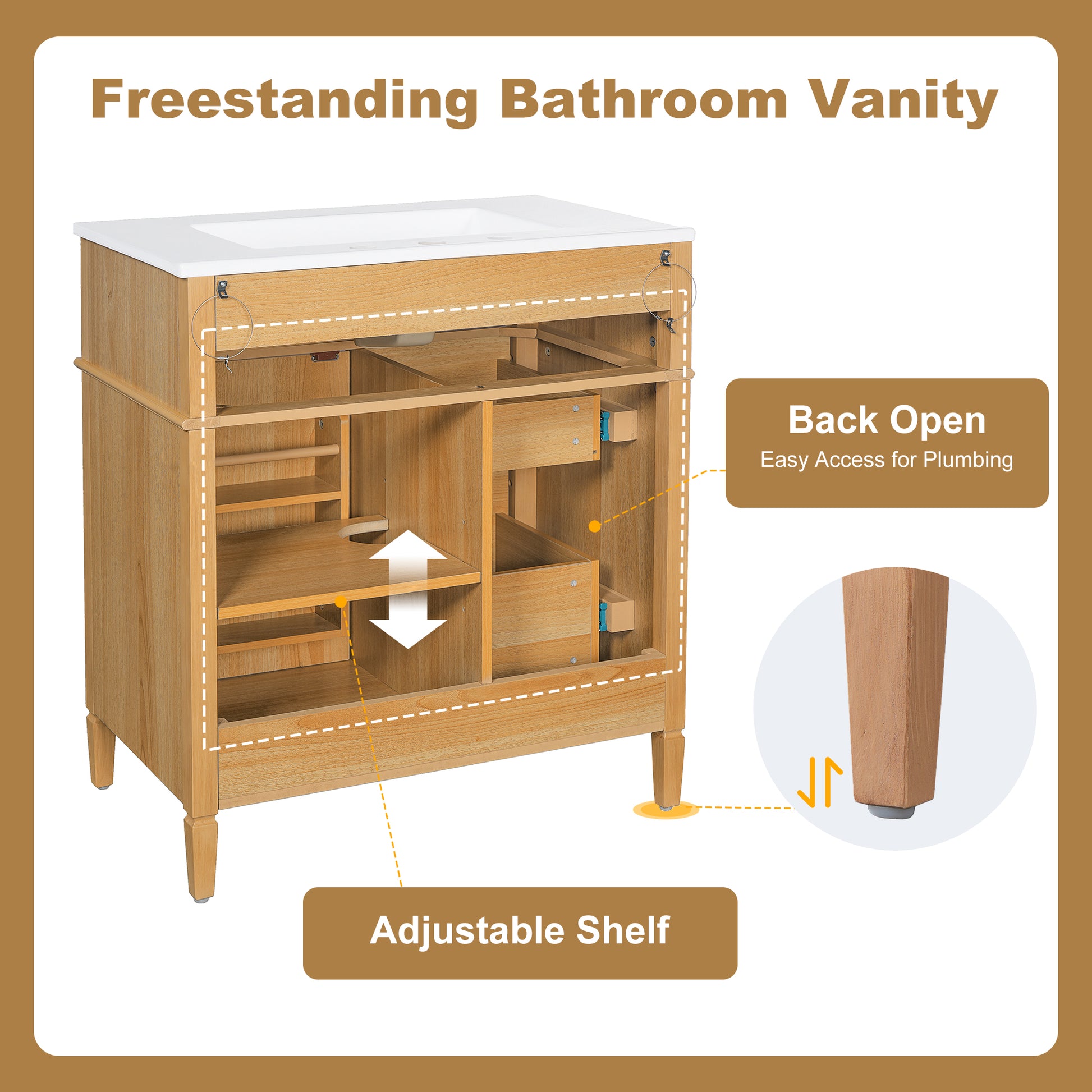 30" Bathroom Vanity with Sink, Wood Vanity Cabinet with Flip-Out Drawer, 2 Soft-Close Drawers, 1 Soft-Close Door, Solid Wood & MDF, Elegant Wood Handles image 6