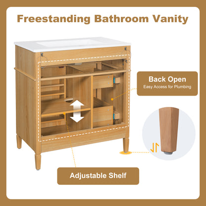 30" Bathroom Vanity with Sink, Wood Vanity Cabinet with Flip-Out Drawer, 2 Soft-Close Drawers, 1 Soft-Close Door, Solid Wood & MDF, Elegant Wood Handles image 6