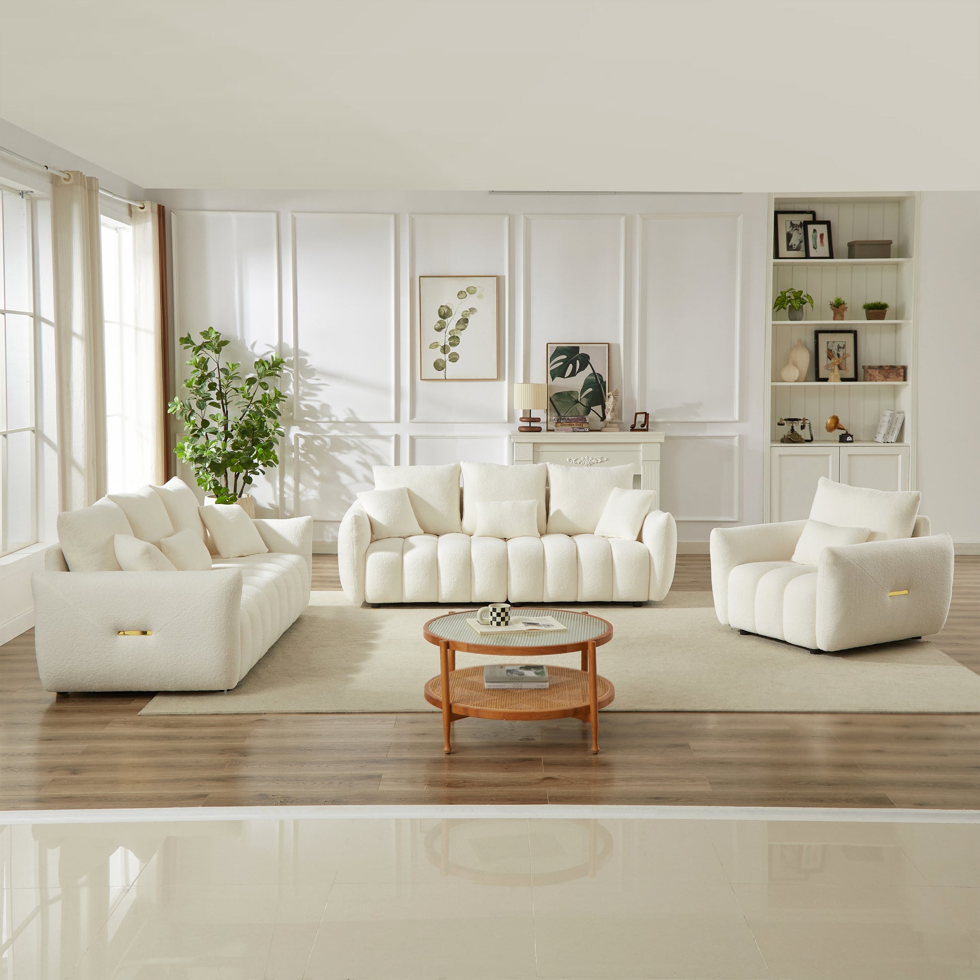 1 Seater + 3 Seater + 3 Seater, Combo Sofa Modern Living Room Sofa, Teddy Sofa, Wooden Frame, 7 Cushions, Apartment Sofa Furniture image 2