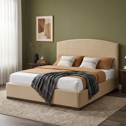 Queen Size Upholstered Bed Frame With Velvet Fabric Thick Headboard, Solid Wood Base, Camel image 1