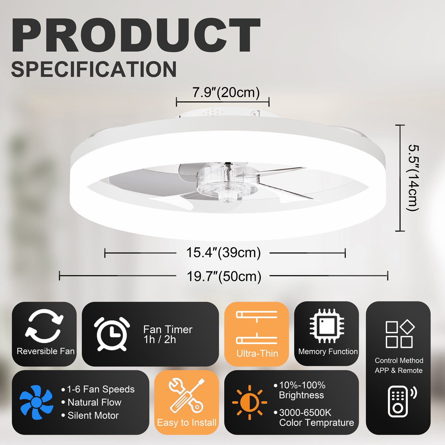 19.7'' LED Ceiling Fan Light with Remote & App Control, 6 Speeds, Dimmable, 3000K-6500K, Flush Mount WHITE Fandelier for Bedroom image 2
