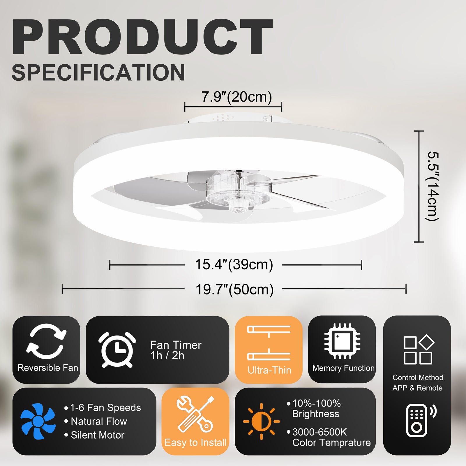 19.7'' LED Ceiling Fan Light with Remote & App Control, 6 Speeds, Dimmable, 3000K-6500K, Flush Mount WHITE Fandelier for Bedroom image 2