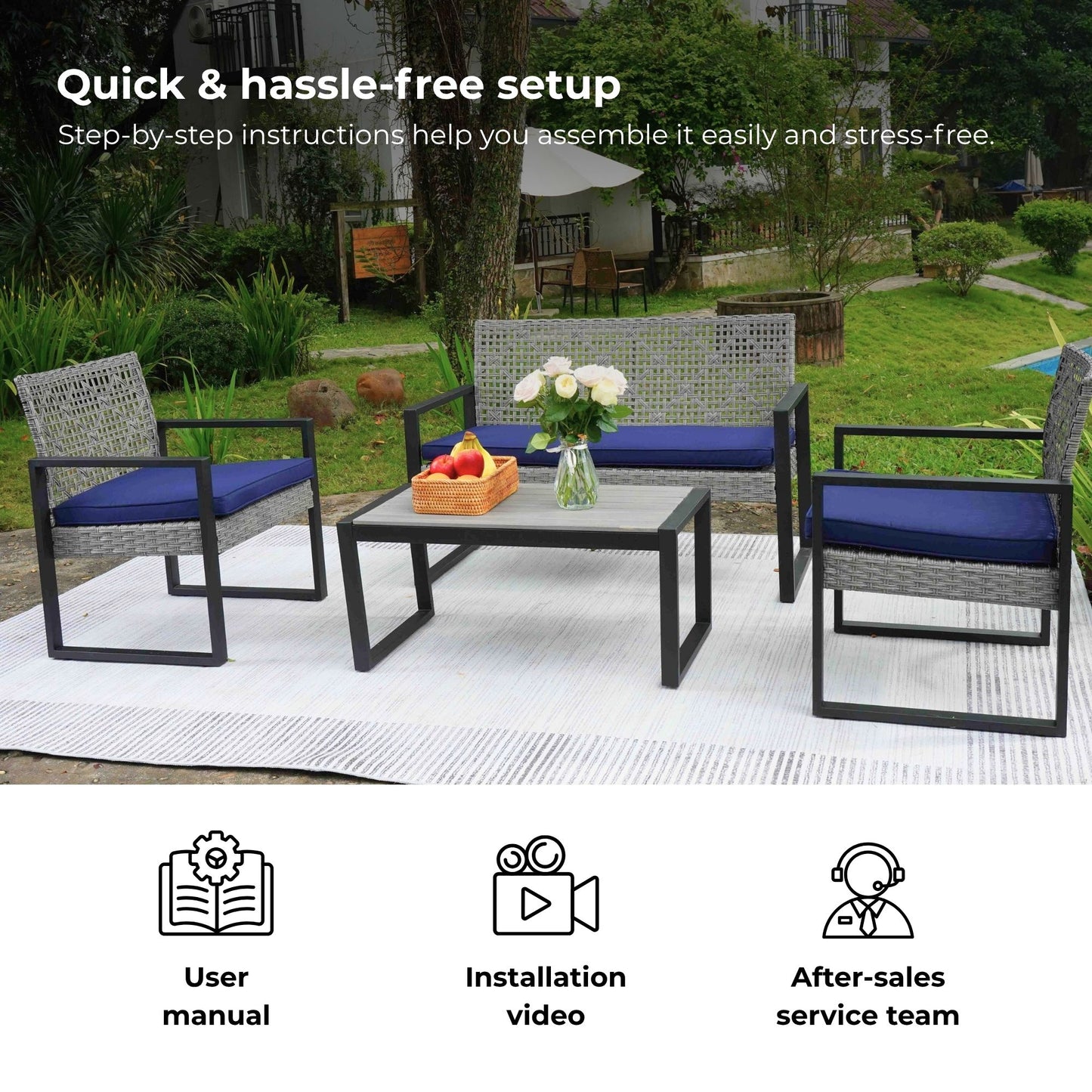 4-Piece Patio Furniture Set Outdoor Balcony Porch Garden Backyard Lawn Furniture Gray Acacia Wood Table Top, Blue Cushion and Light Gray rattan image 9