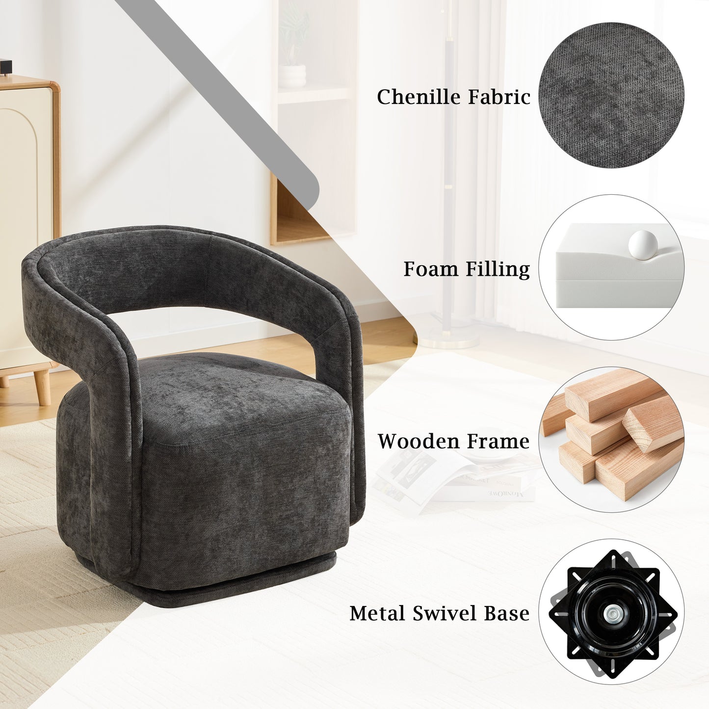 065-Chenille Fabric Swivel Accent Armchair, Comfy Barrel Leisure Chair With Curved Backrest, Upholstered Reading Chair With Black Swivel Base, 22-inch large seat depth and width, Dark Gray image 4