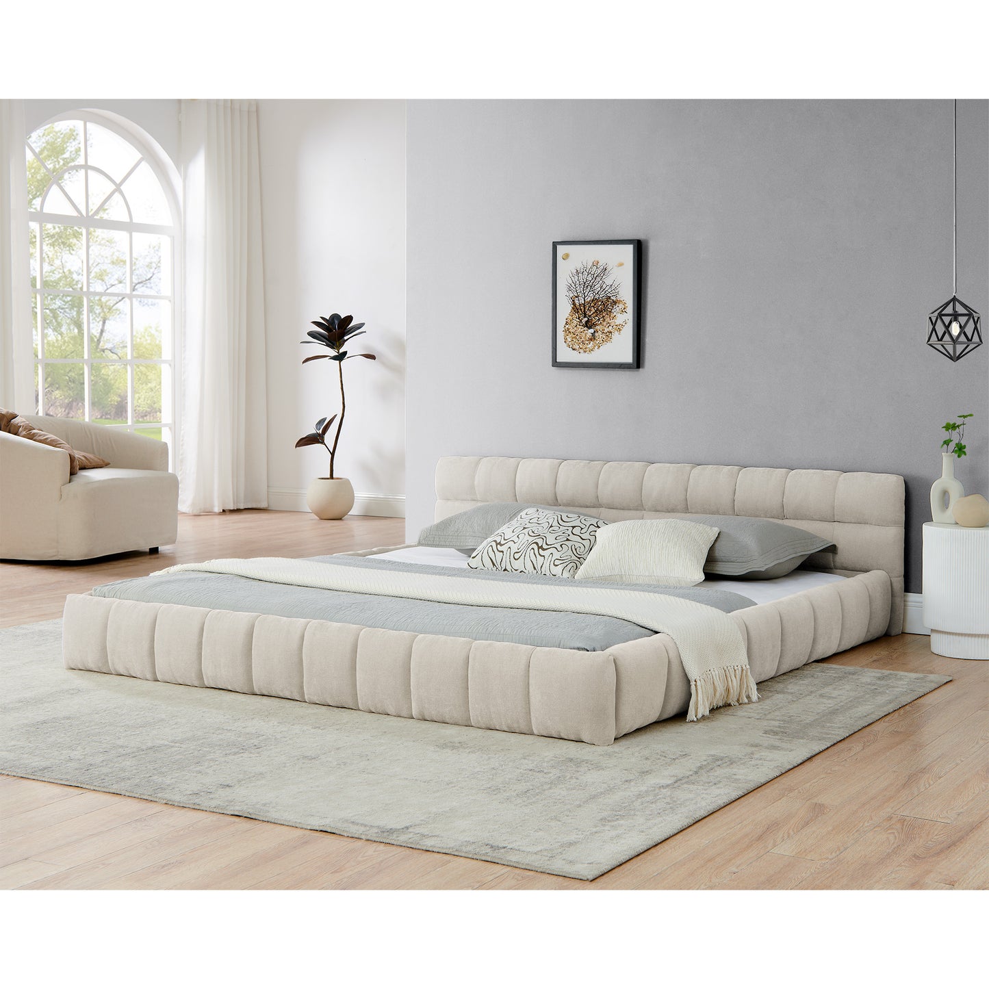 King size Upholstered Bed Frame with Thick Fabric, Chenille Fabric Grounded King Size Platform Bed with Headboard and Solid Frame. No Box Spring Needed-Beige(88.5''*85.5''*24'') image 2
