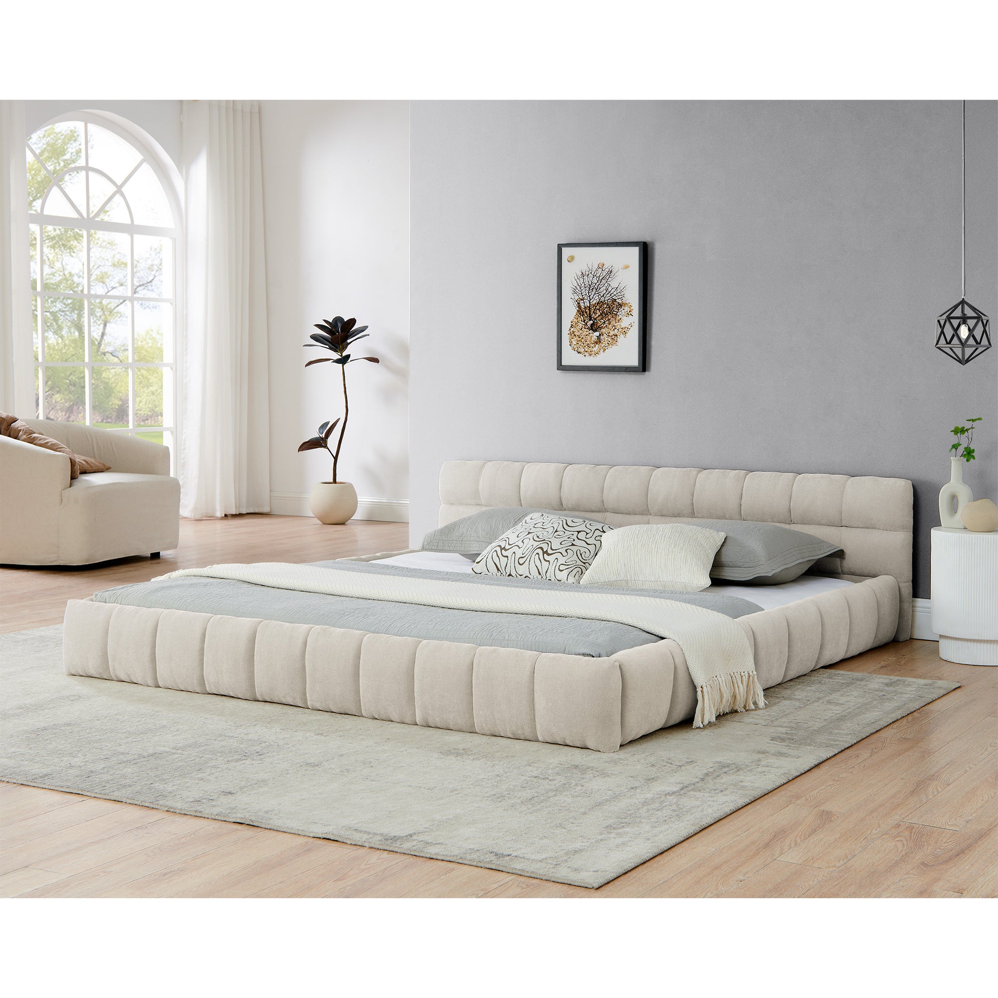 King size Upholstered Bed Frame with Thick Fabric, Chenille Fabric Grounded King Size Platform Bed with Headboard and Solid Frame. No Box Spring Needed-Beige(88.5''*85.5''*24'') image 2