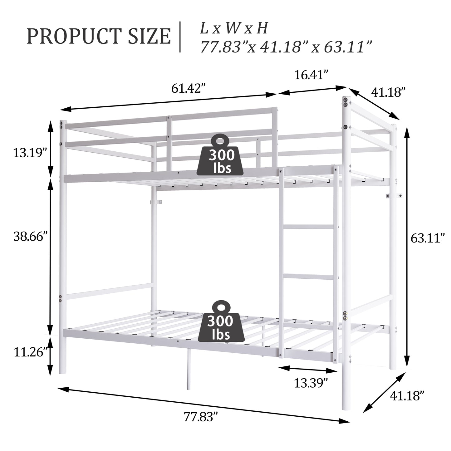 Bunk Bed with Ladder and high Guardrail Metal Bunk Bed, Storage Space, Noise Free,Twin Over Twin Size,White image 2
