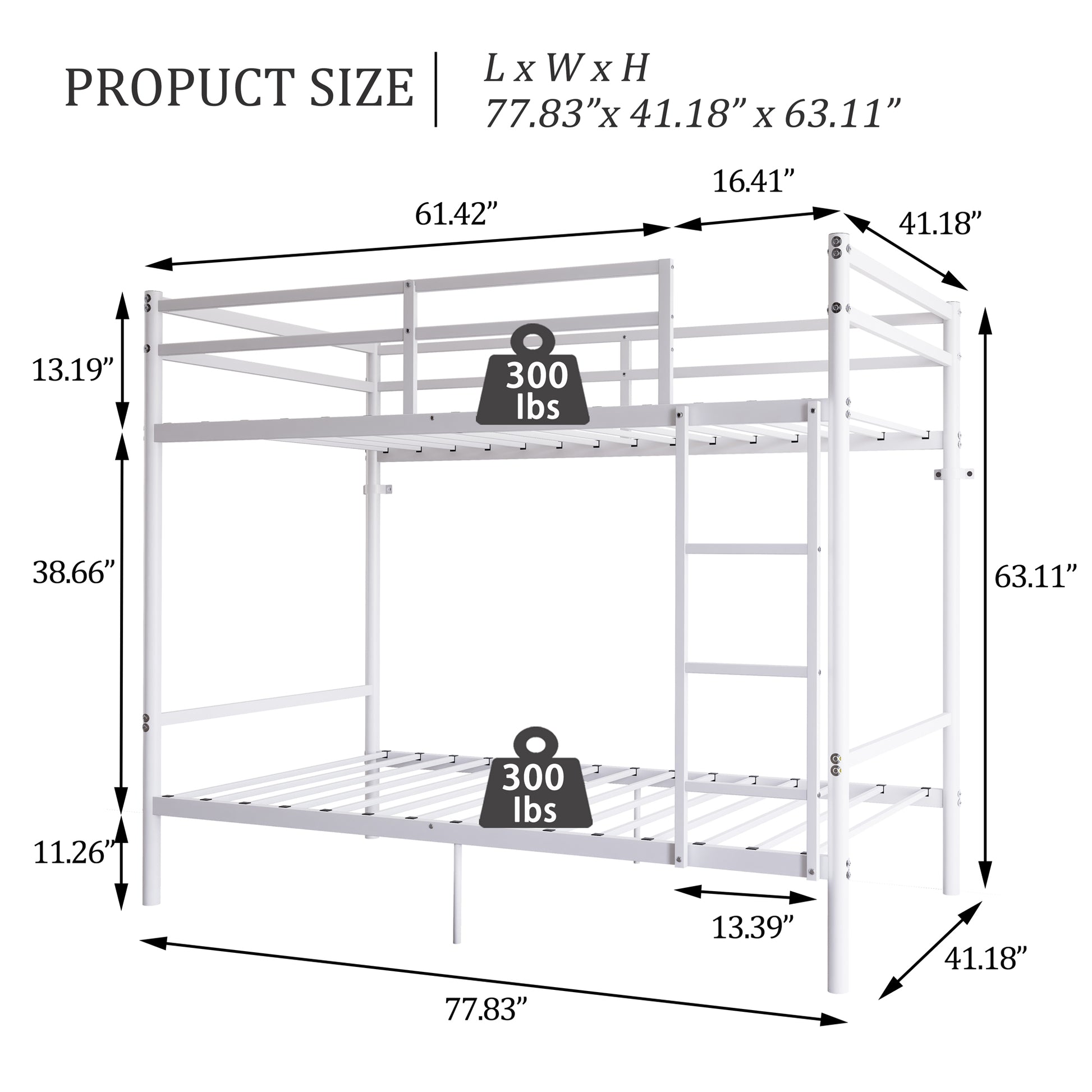 Bunk Bed with Ladder and high Guardrail Metal Bunk Bed, Storage Space, Noise Free,Twin Over Twin Size,White image 2