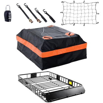 64 x 39 x 6 Inch Heavy Duty 250LB Roof Rack Cargo with 500D Waterproof Cargo Bag, Net & Ratchet Strap, Car Top Luggage Holder Basket for SUV, Truck or RV Camping Storage Steel Construction image 1