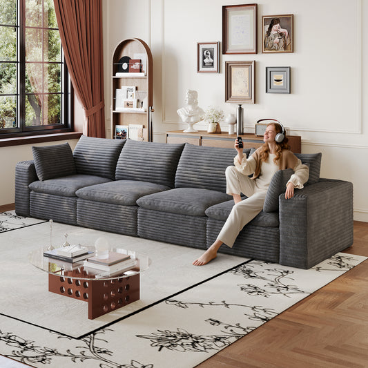 134" Cloud Sofa,Corduroy Fabric,Deep Seat Couches,Double-layer design,Removable Cushion,No Assembly, DIY Combination for Living room, Bedroom,Conference room,Apartment,Dark Grey image 1