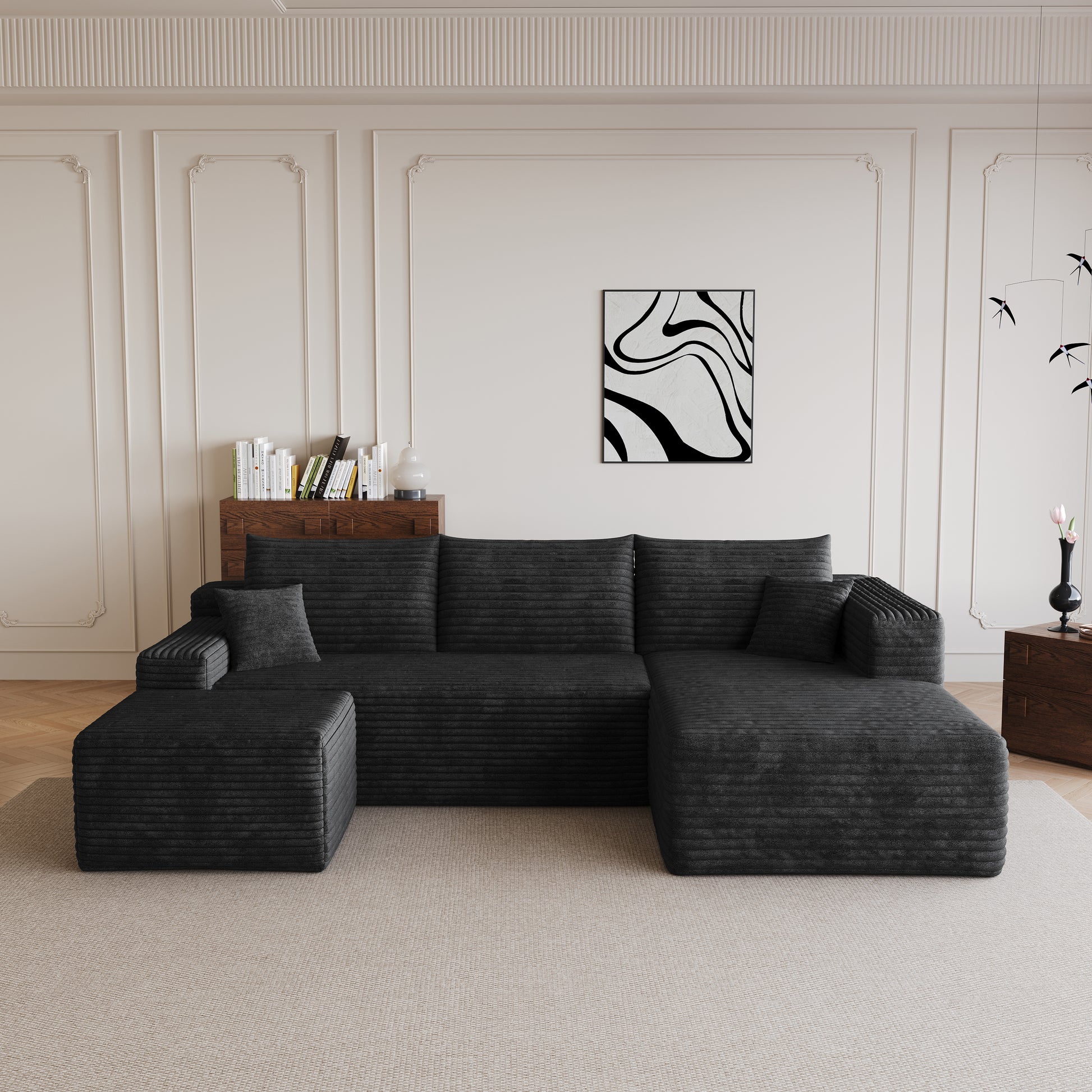 95" Cloud Sectional Sofa with 1 Ottoman,Modern Minimalist Upholstered Couches, Comfort U Shaped Sofa for Living Room,Deep Seat Corner Couch,No Assembly Required,Black (Plush Corduroy Fabric) image 6