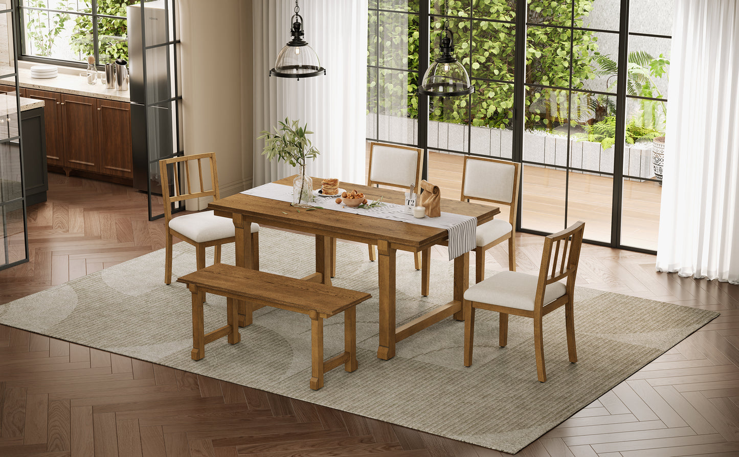 TREXM 6-Piece Farmhouse Dining Set for 6, Kitchen & Dining Room Sets with Solid Wood Legs and Frame, Ergonomic Dual-Style Chairs, Ideal for Kitchen & Dining Room (Walnut+ Beige) image 2