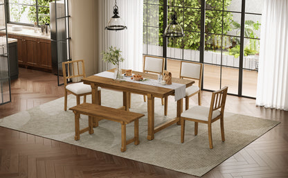 TREXM 6-Piece Farmhouse Dining Set for 6, Kitchen & Dining Room Sets with Solid Wood Legs and Frame, Ergonomic Dual-Style Chairs, Ideal for Kitchen & Dining Room (Walnut+ Beige) image 2